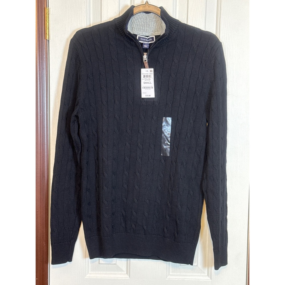 Club Room Cable Knit Pullover Sweater 1/4 Zip Mock‎ Neck Black Small